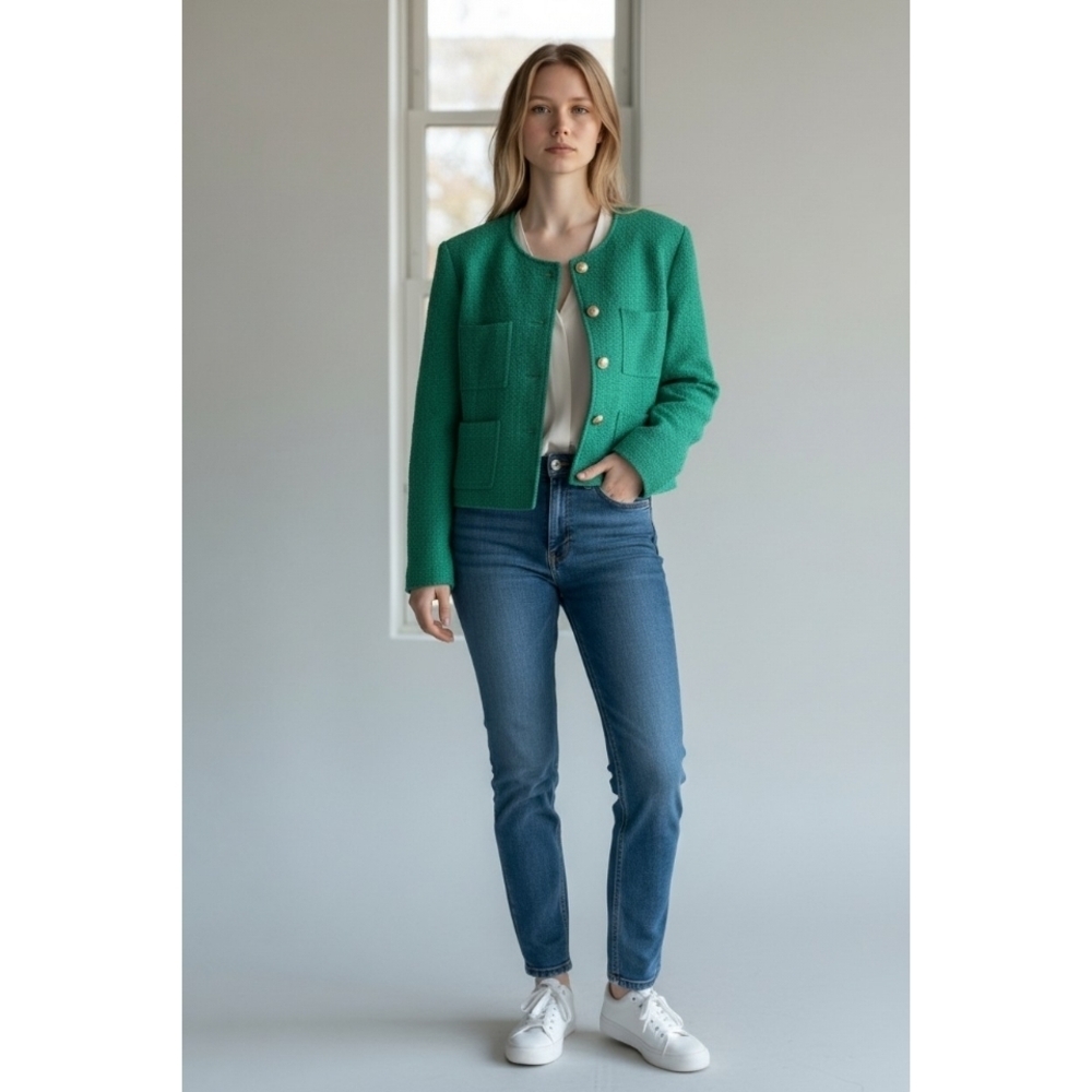 Heyson Emerald Green Bouclé Short Cropped Blazer Jacket Size Small New Classic